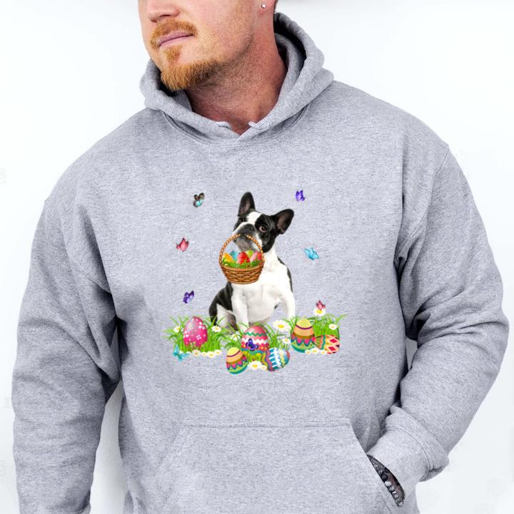 Boston Terrier Bunny Dog With Easter Eggs Basket Butterflies Hoodie