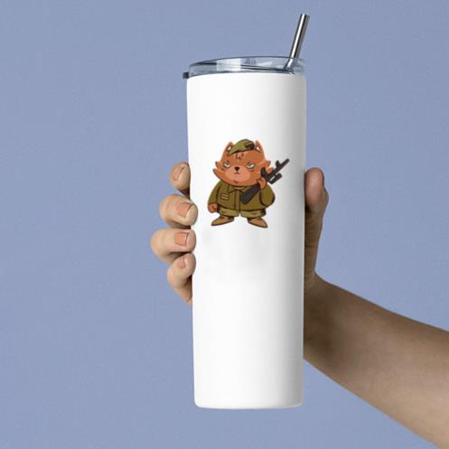 Cartoon Cat In A Military Uniform Holding A Gun Tumbler